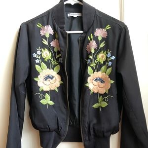 Embroidered floral black bomber jacket
